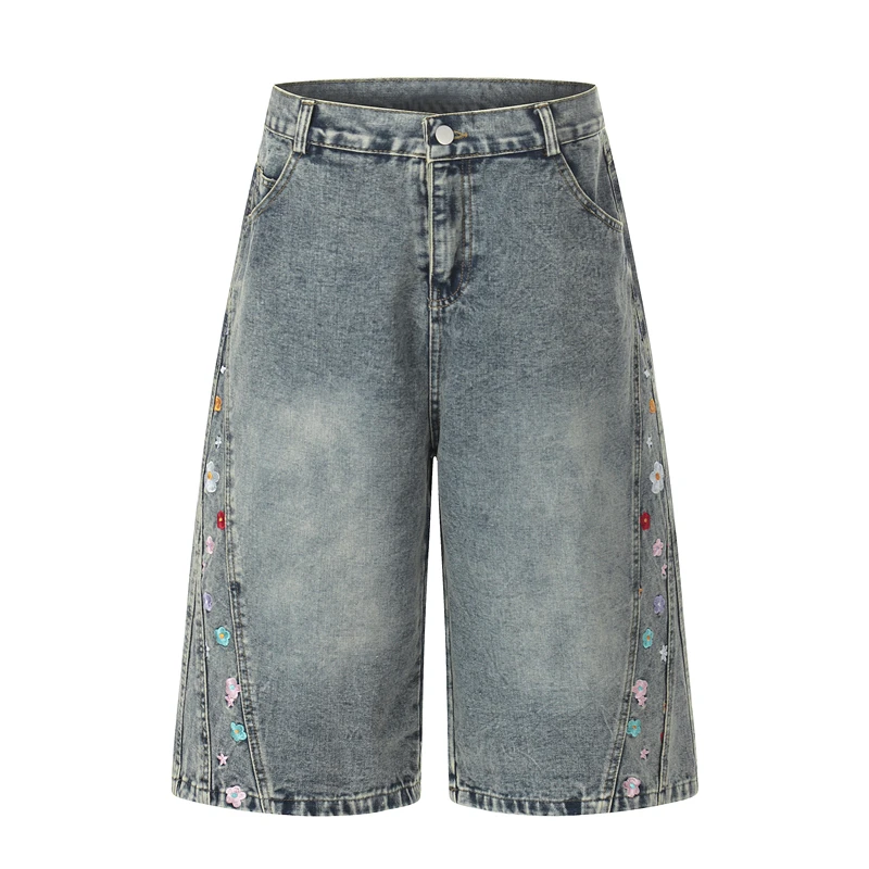 

American Decomposition Design Embroidered Patchwork Jeans Men's Women's Retro Seven-Point Pants Loose Fit Summer Jeans