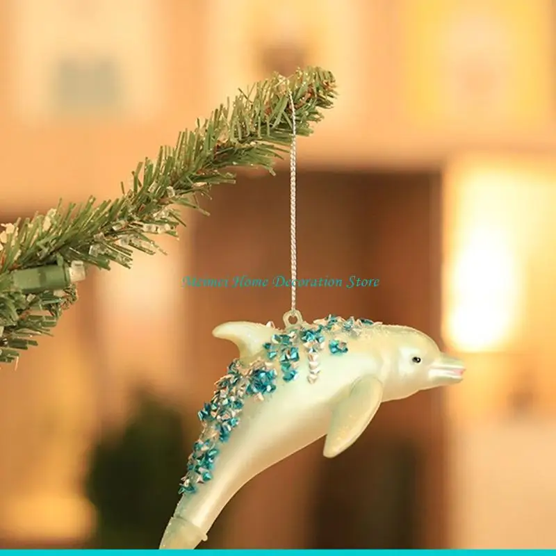 Enfeite árvore H7BF lindo pingente golfinho com joias vidro brilhante