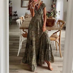 Large Swing Dress Slim Fits Elasticity Ruffle Retro Long Dress Women Short Sleeve High Waist Floral Print Maxi Bohe Dress