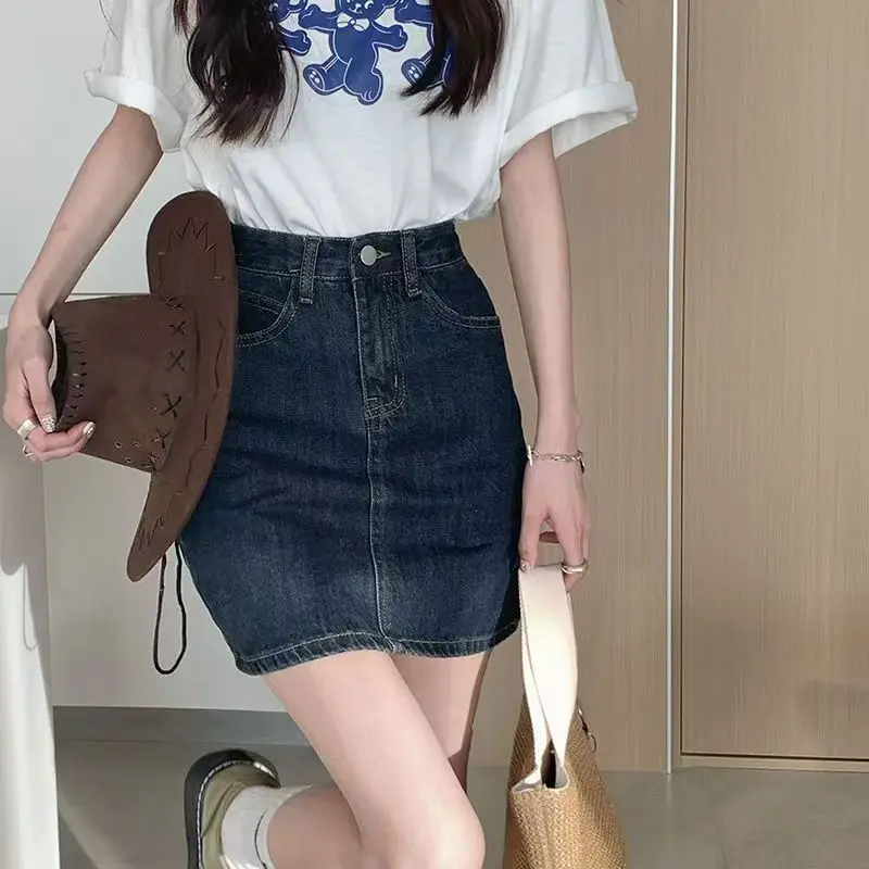 

Korean Retro High Waist Denim Skirt for Women Slim Fit and Slimming Denim Half Body Skirt Temperament Elegant Denim Mini Skirts