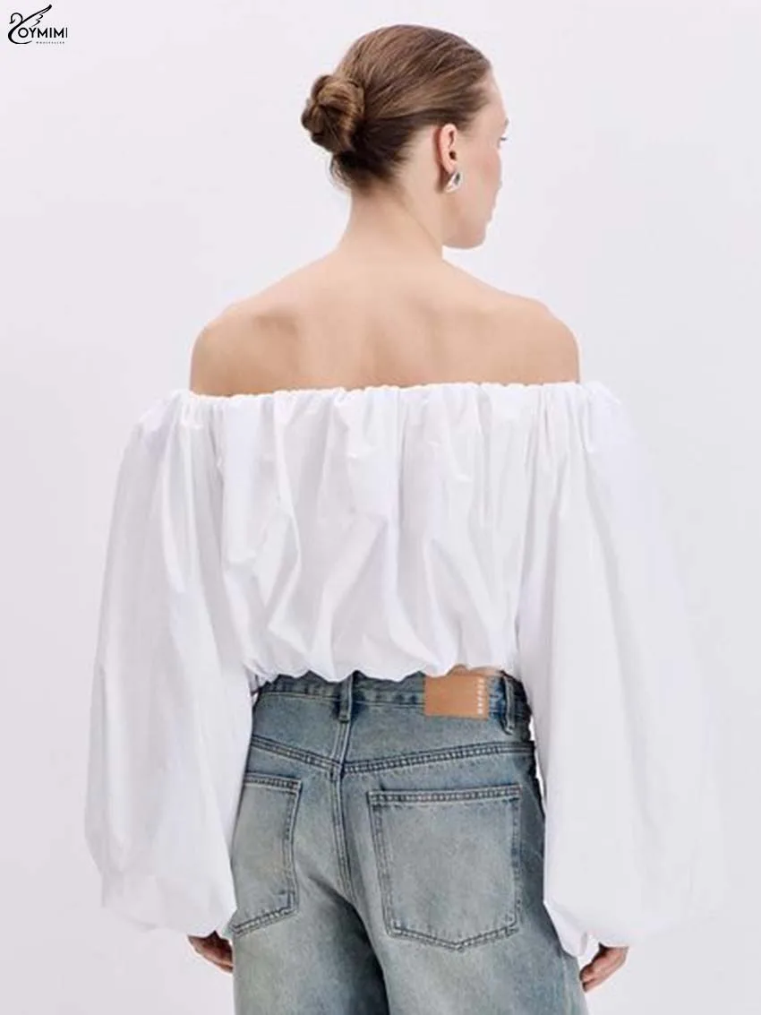 Oymimi, blusas elegantes de algodón blanco para mujer, blusas holgadas sin tirantes con mangas abullonadas a la moda, Tops cortos lisos para otoño, ropa femenina