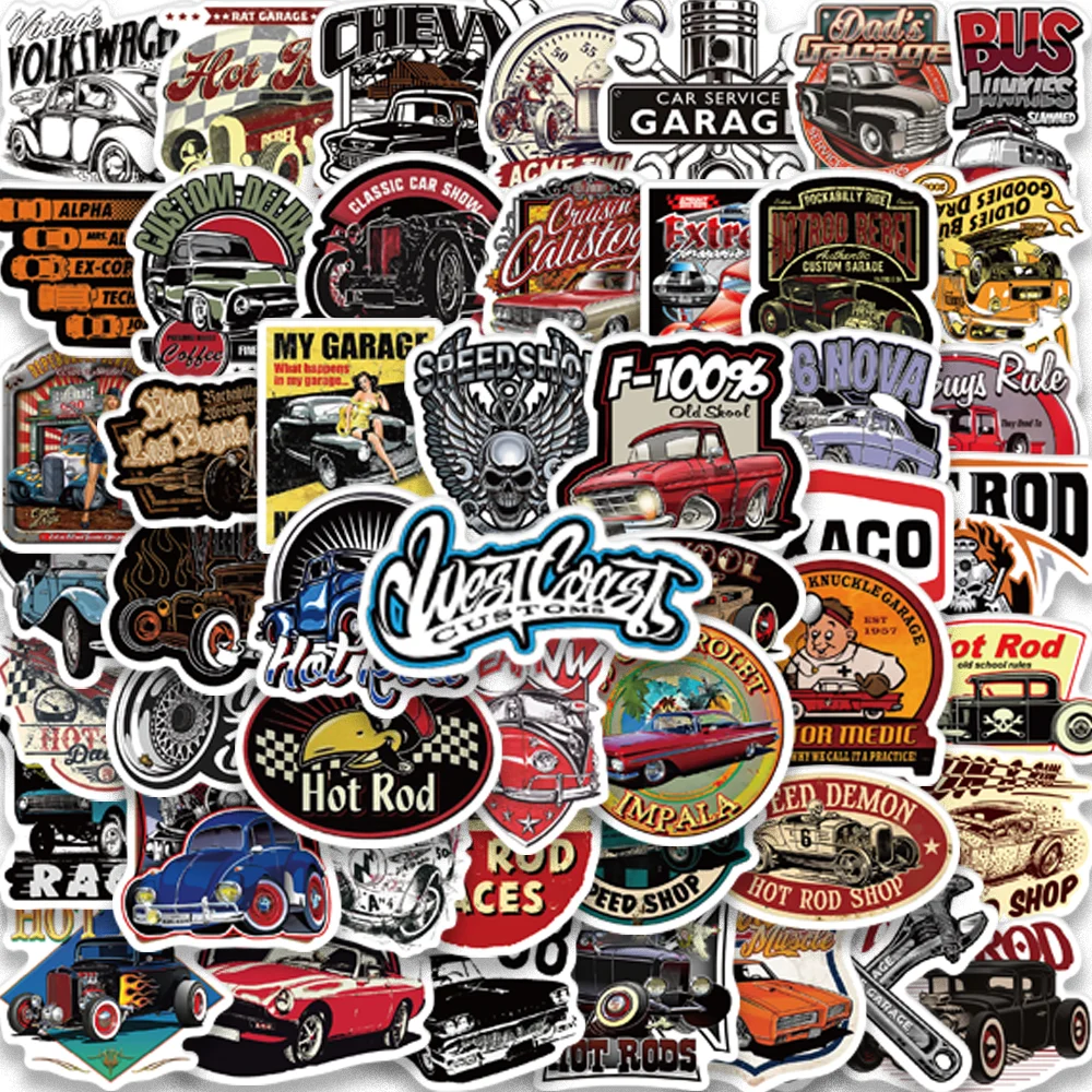 50pcs Retrofit Racing Car Stickers for Helmet Skateboard Laptop Luggage Classic Graffiti Retro Waterproof Decals