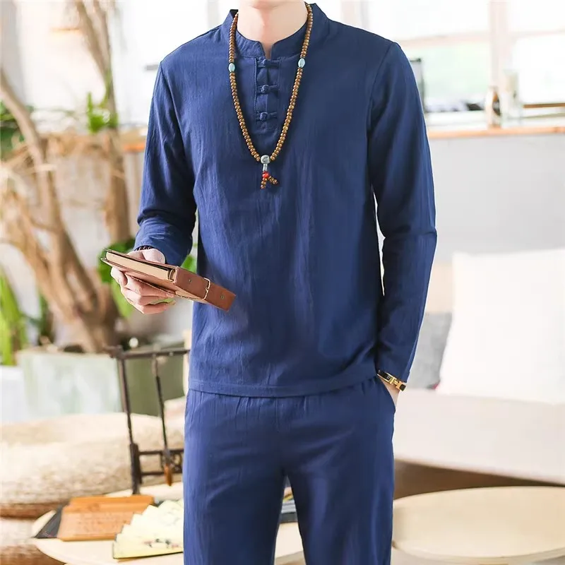 Pajama Set Men Cotton Linen Thin Sleepwear Middle Old Long Sleeve Pijama Male Large Size Loungewear Home Night Wear M-5XL