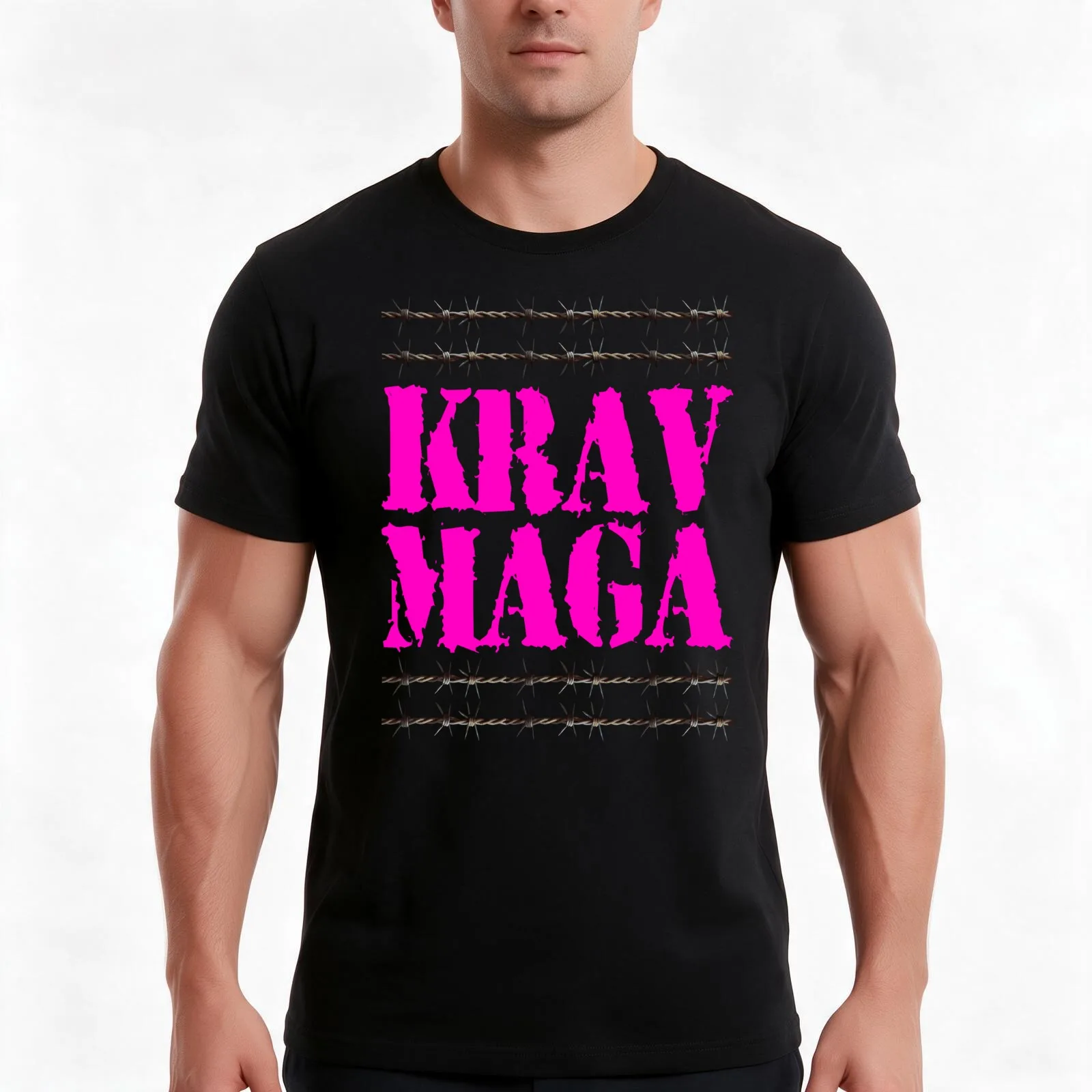 Cool Krav Maga design with barbed wire. T-Shirt, Summer Casual Cotton Tee, Oversized Streetwear Tops, Vintage Graphic Print