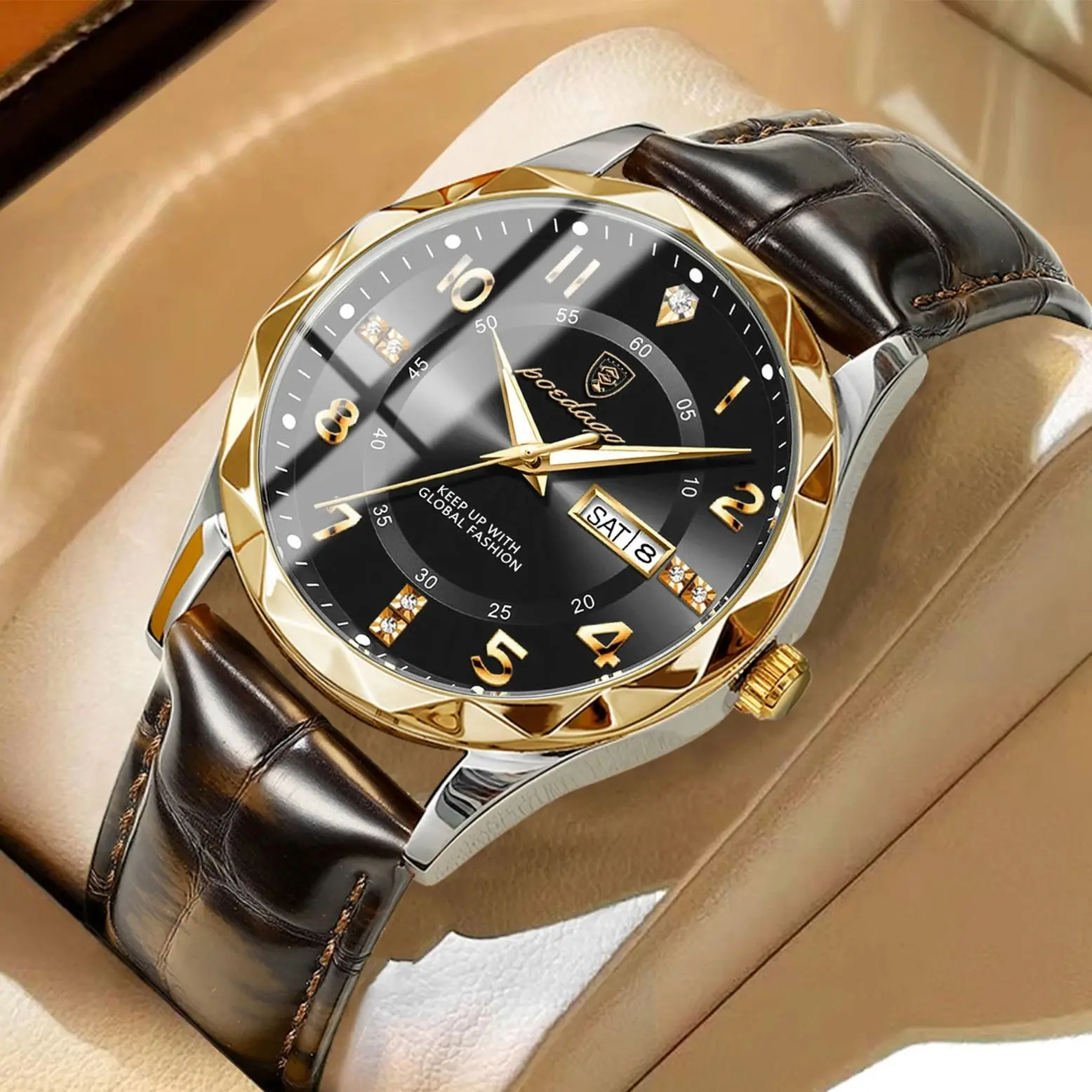 포에다가 남성용 비즈니스 고급 시계, 패션 쿼츠 가죽 남성 시계, 방수 야광 날짜 요일 남성 손목시계 렐로즈