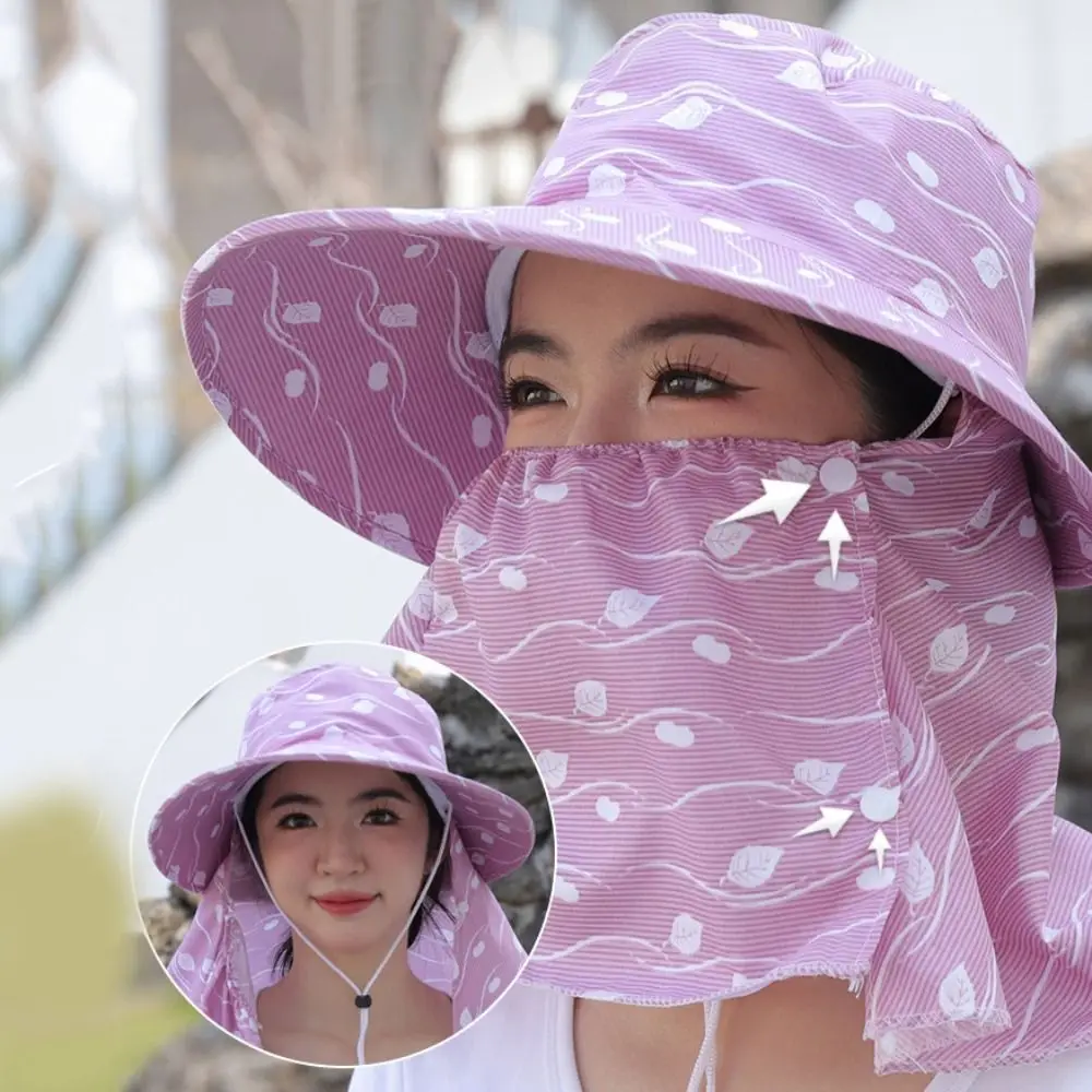 Casual Leaf Print Women Sun Hat Neckline Mask Face Mask Sunscreen Bucket Hat Climbing Cap Farm Work Cap Cover Face Cap Riding