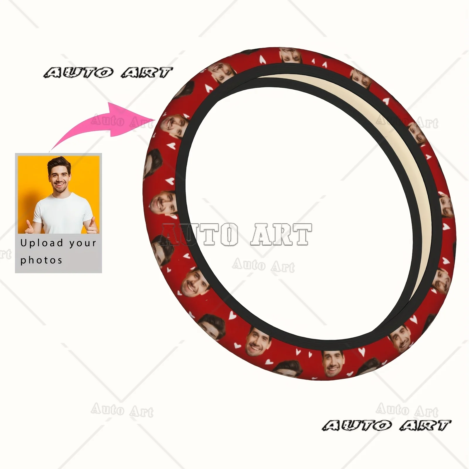 

Чехол на руль с принтом лица и сердцем на красном фоне. Подходящие чехлы. Прочные автомобильные аксессуары.