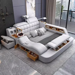 Linlamlim Luxury King Size Genuine Leather Bed / Tech Smart Bed / Multifunctional Ultimate Beds / Massage Bed With USB