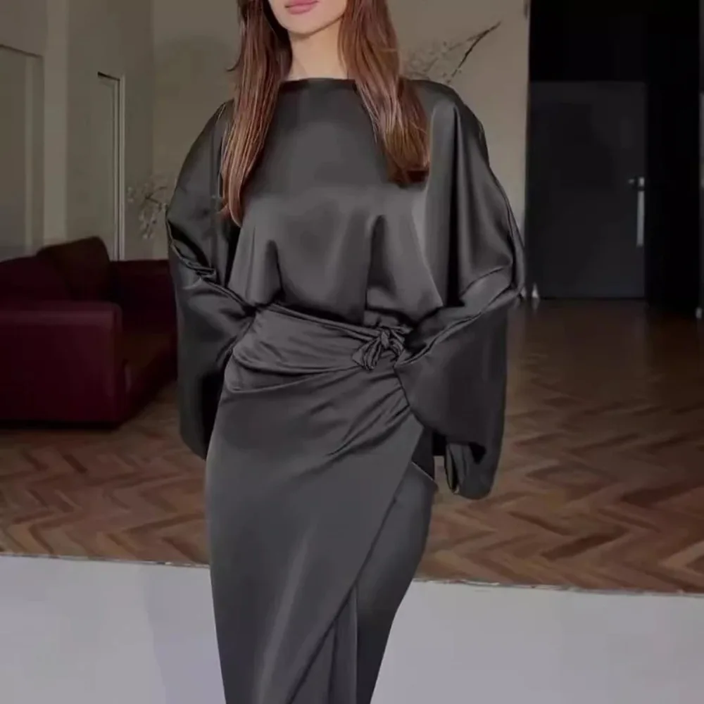 エレガントな女性用タイアップウエストサテンワンピース、カジュアルな女性用Oネックドレープロングワンピース、ヴィンテージ無地バットスリーブローブパーティードレス