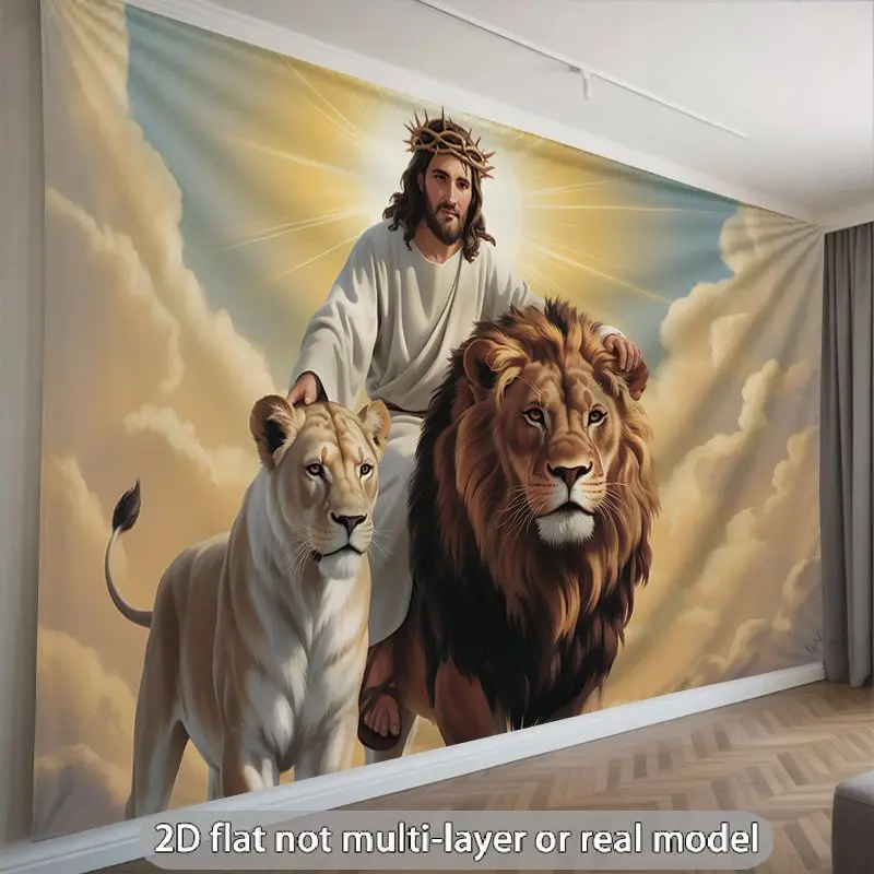 VIKAMA Religious Tapestry Jesus with Lion Golden Clouds Christian Faith Wall Hanging Spiritual Wall Art Living Room Decor