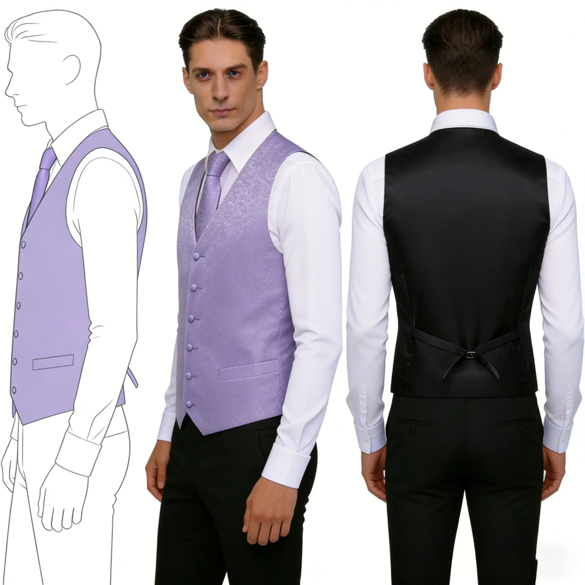 

Mens Suit Purple Sky Blue Vest Tie Hanky Cufflinks Set Floral Paisley Waistcoat Sleeveless Jacket Necktie for Wedding Busniess