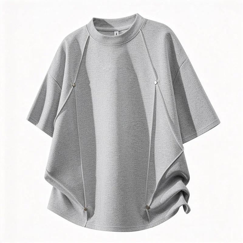 Summer Streetwear Irregular Wrap Split Hem Rivet Loose Fit Oversized Round Neck Daily Casual Purple White Gray T-Shirt for Men