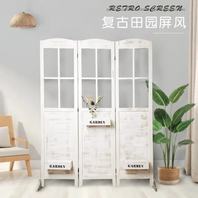 Retro old solid wood screen partition, American rural mobile folding screen clothing store wedding decoration folding