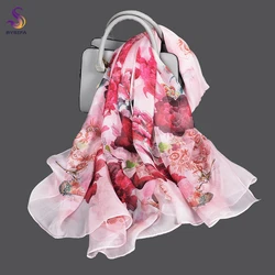 BYSIFA| Pink 100% Natural Silk Scarf Bufanda Women Elegant Chinese Style Peony Design Summer Long Scarves Beach Shawl Accessory