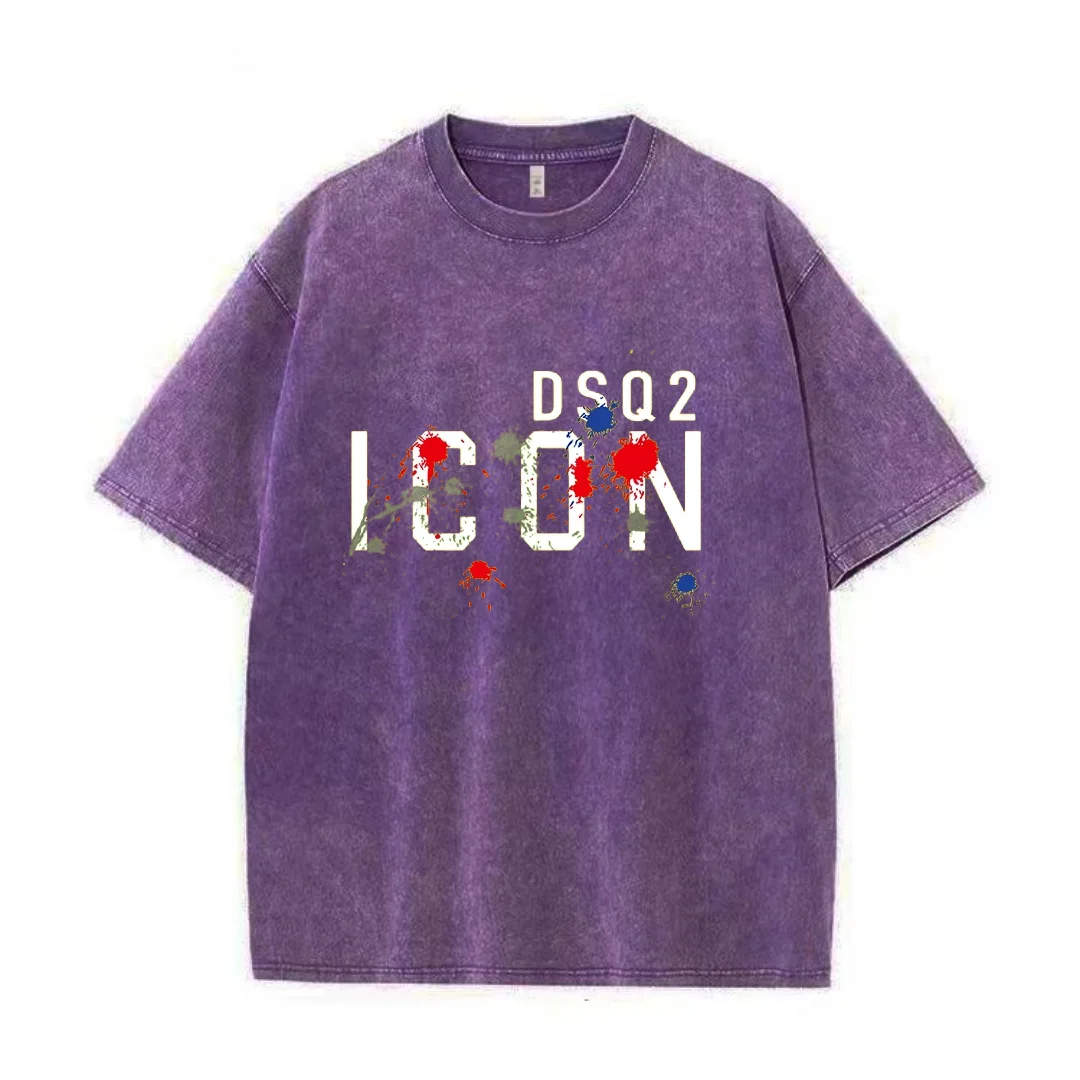 Dsq2 Washed Cotton T-Shirt 2024 Summer 100 Cotton Men\'s Clothing Maple Print t-Shirt Sport Oversized High Quality T Shirt