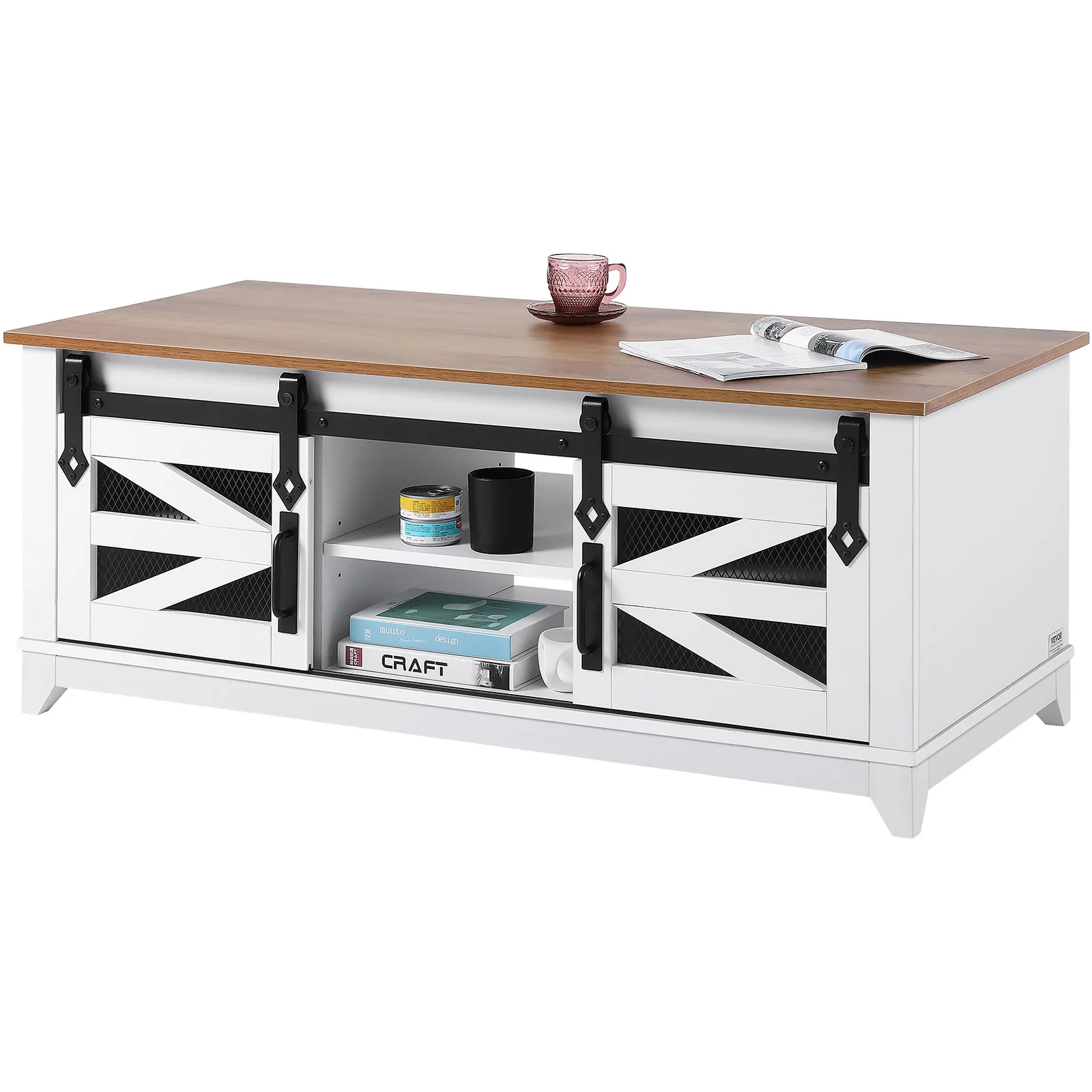 

VEVOR 48" Farmhouse Coffee Table, Rectangle Coffee Table w/2 Sliding Barn Doors, 2 Tiers Wooden Rustic Table w/Removable Shelves
