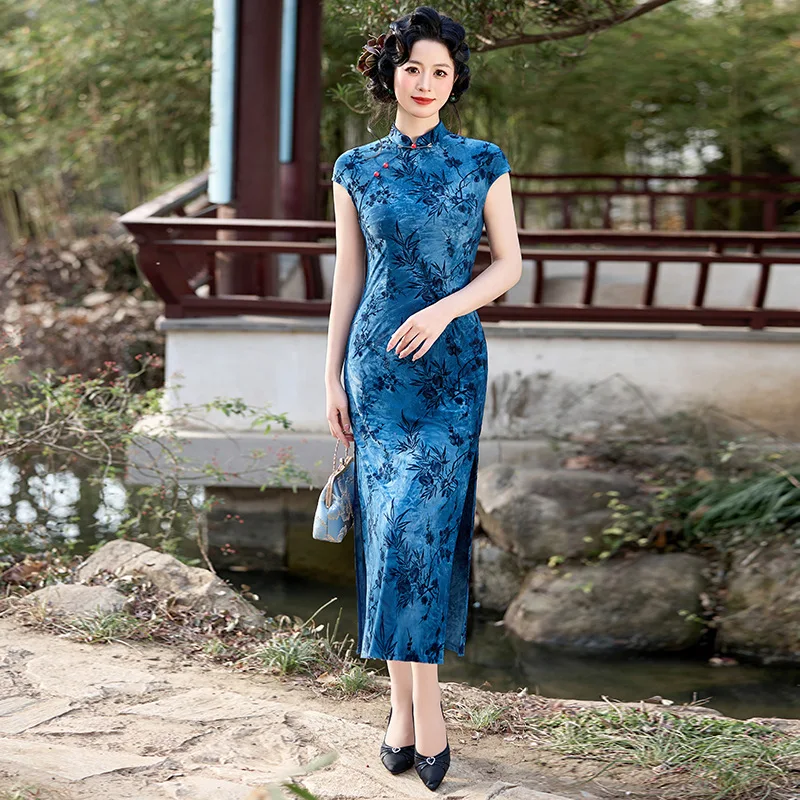 

Летнее традиционное китайское платье-ципао Yourqipao: длинное, облегающее, в стиле ретро, высококачественное, модифицированное, синее, вечернее платье для женщин