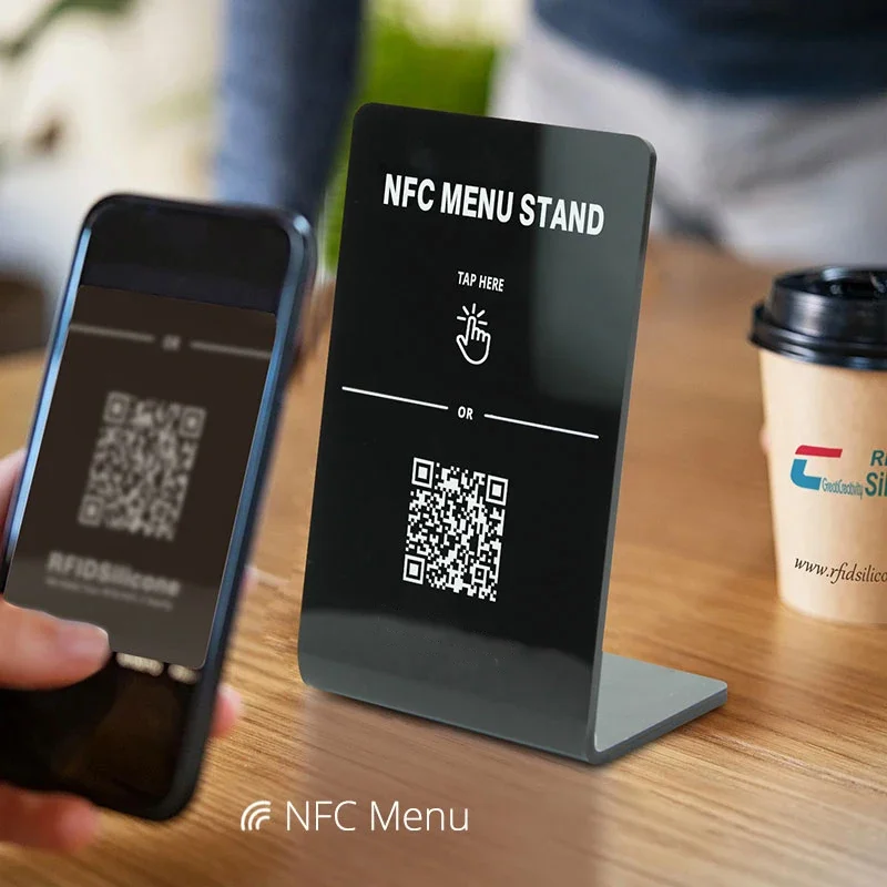 

Black/White Acrylic QR Code Tap To Order Menu Qr CodeTouchless L Shaped Acrylic NFC Menu Holder Table NFC Menu Tags