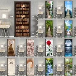 3D Book Shelf Door Mural Wallpaper Wooden Bridge Scenic Stairs Stickers Self-Adhesive Decor Removable for Home Room Decoration