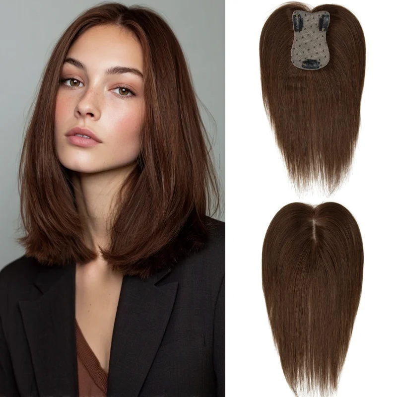 One Piece Human Hair Topper With Bangs 25cm 360° Full Cover 3 Clips Hair Pieces 7x11cm Base Real Human Hair Topper Conceal Gray Hair Boost Hair Density