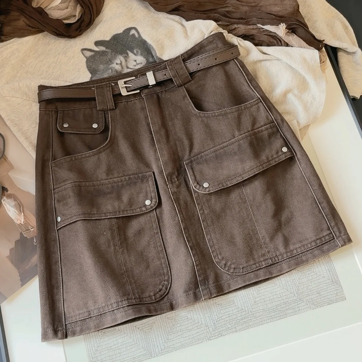 Retro High Waist Cargo Denim Skirt Women's Autumn New Multi-pocket A-word Skirt