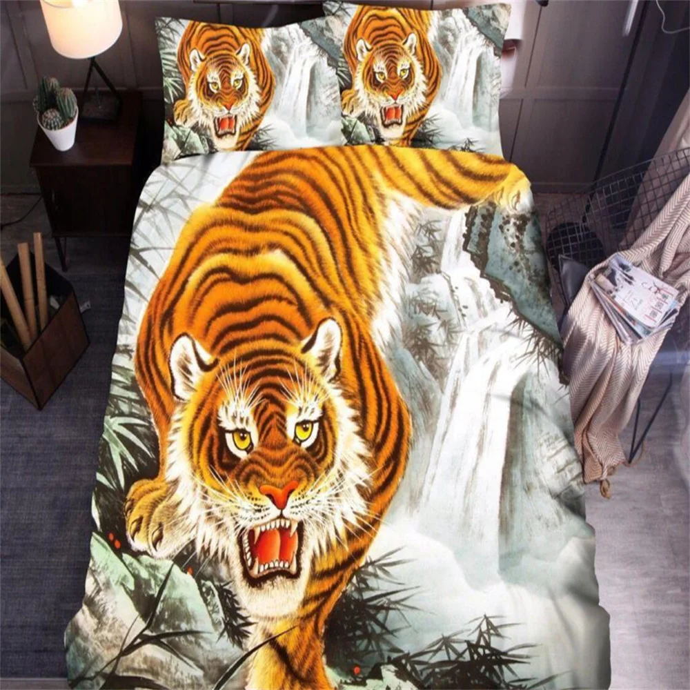 Animal Duvet Cover Set Queen Size Polyester Lightning Lion Pattern Comforter Cover Grey Black Soft Bedding Set For Teen Boys Man