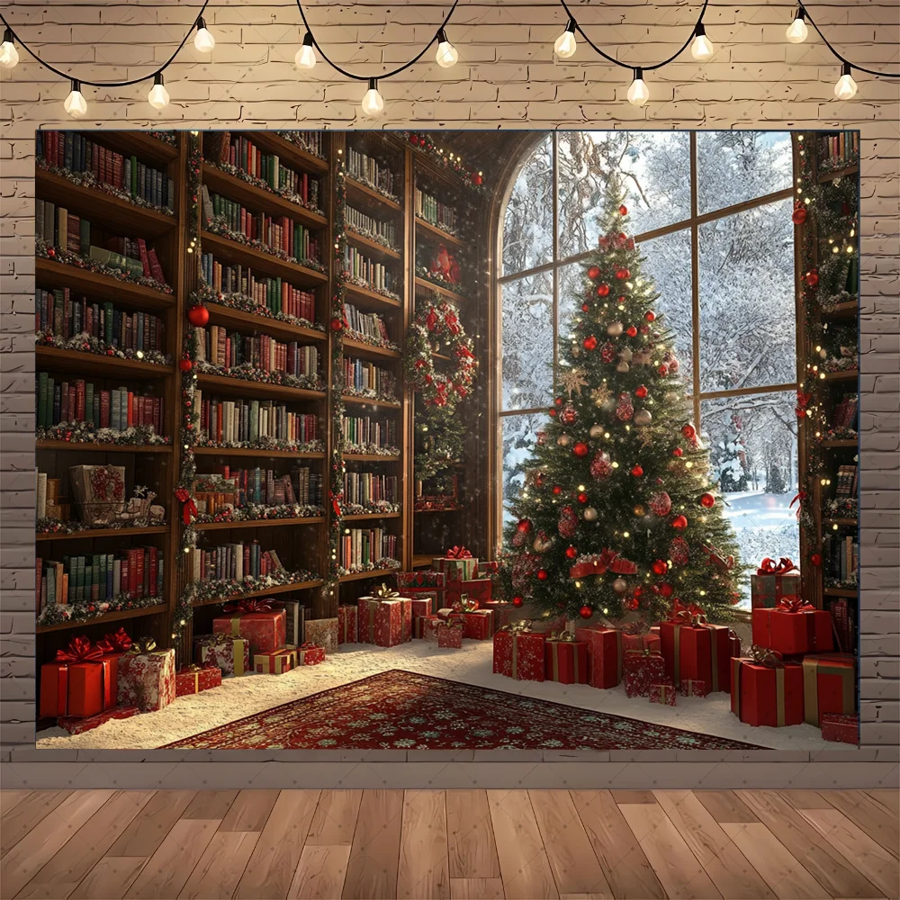 

Christmas Bookshelf Backdrop Photography Home Study Xmas Tree Decor Happy New Year Party Photo Background Studio Banner