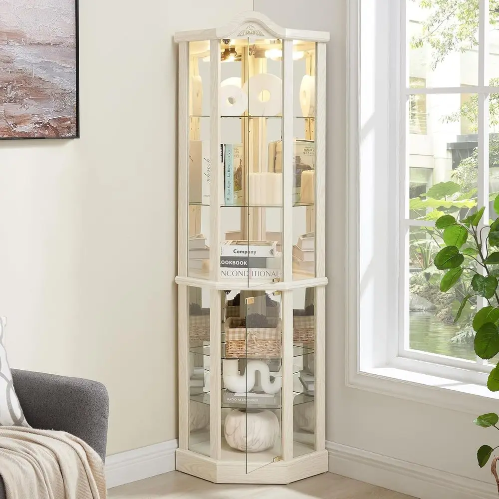 72 Tall Glass Curio Cabinet with Adjustable Shelves, Lighted Display for Home Office or Liquor, Antique White