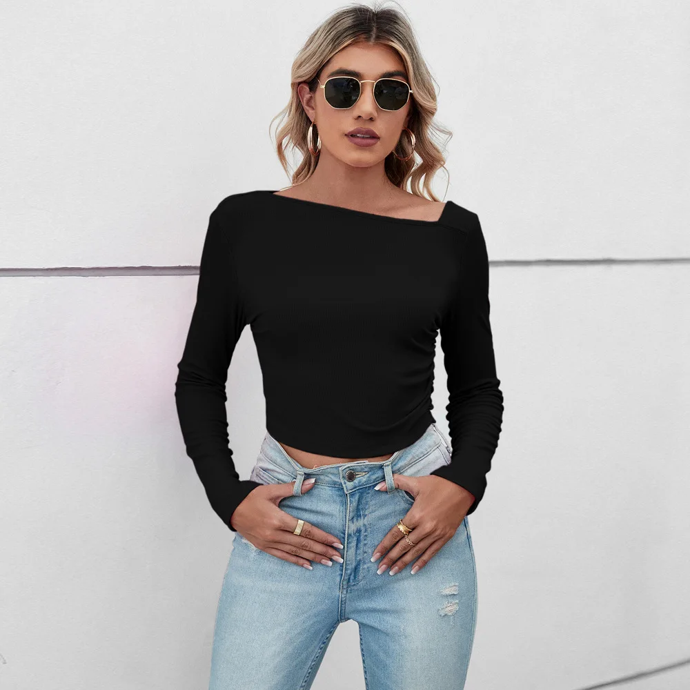 Spring Summer 2026 Women's Slim Fit Solid Color T-Shirt Halogen Open Neck Design Commute Friendly Ultra-Short Top