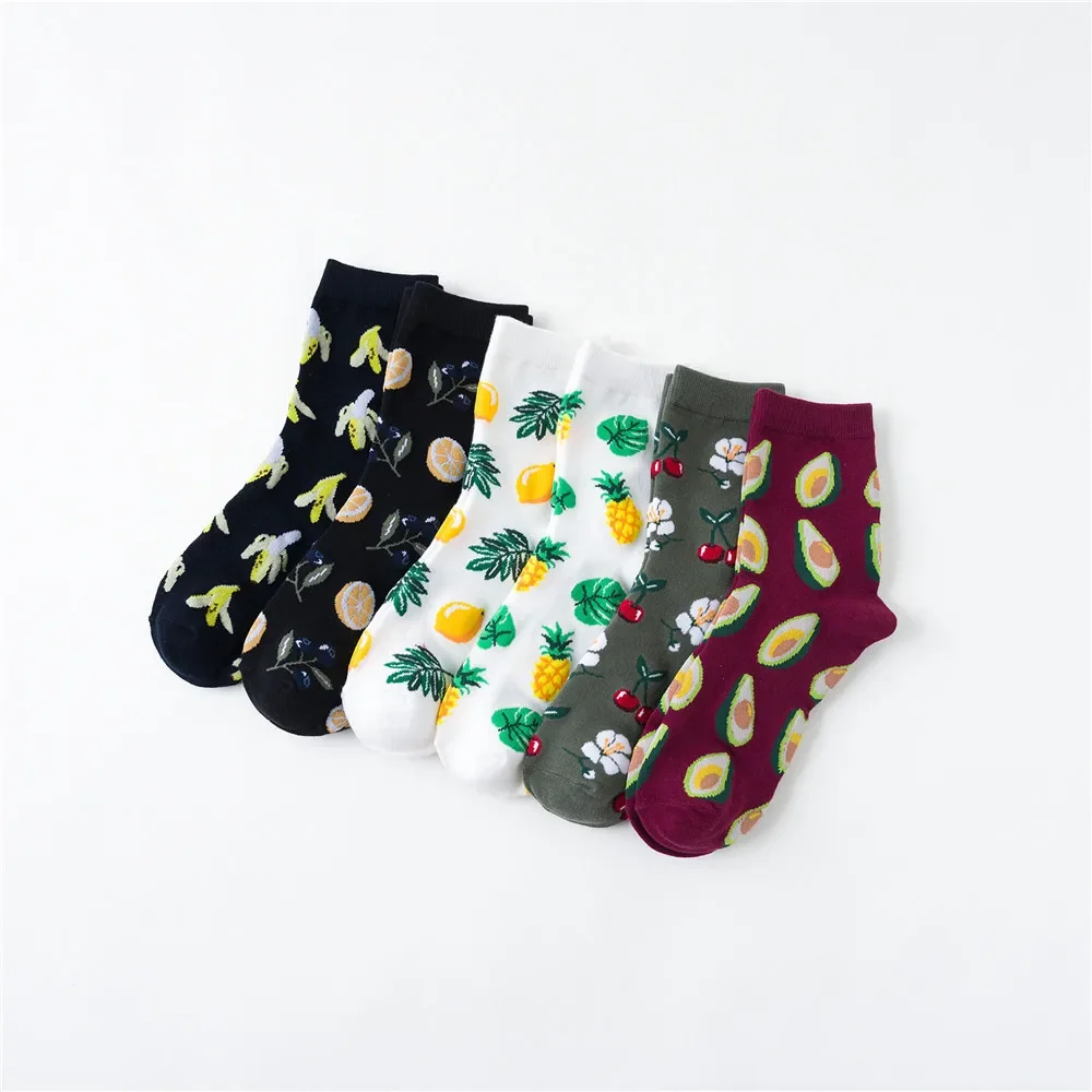 Chaussettes en coton pour femmes, dessin animé mignon et drôle, fruits, aucun gel d'ananas, avocat, citron, japonais, Harajuku, carillon mi-mollet