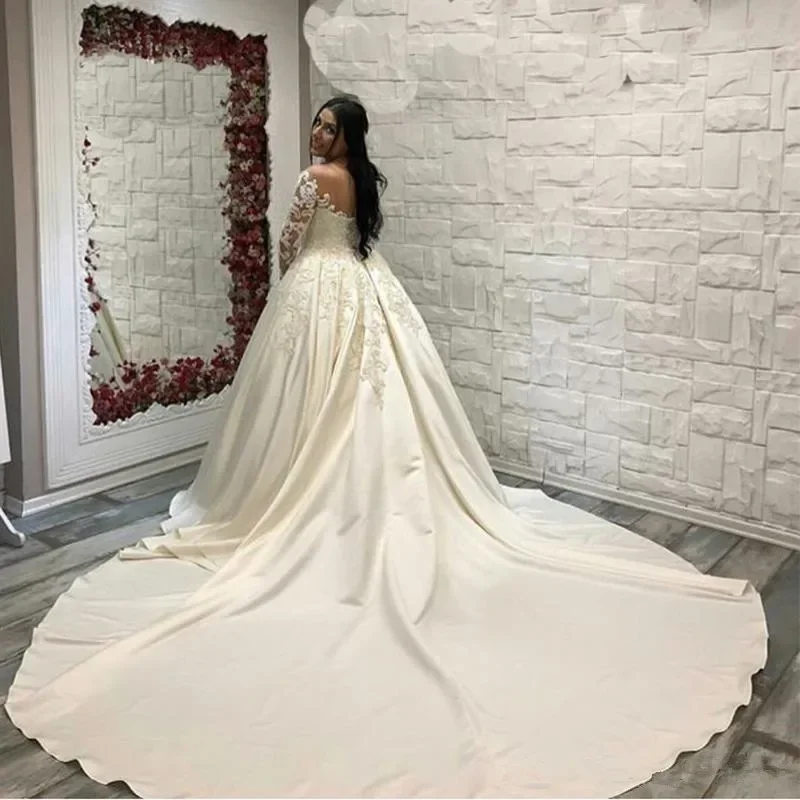 Personalizado colher pescoço árabe muçulmano vestido de casamento mangas completas robe de mariee luxe 2023 apliques a linha vestidos de noiva