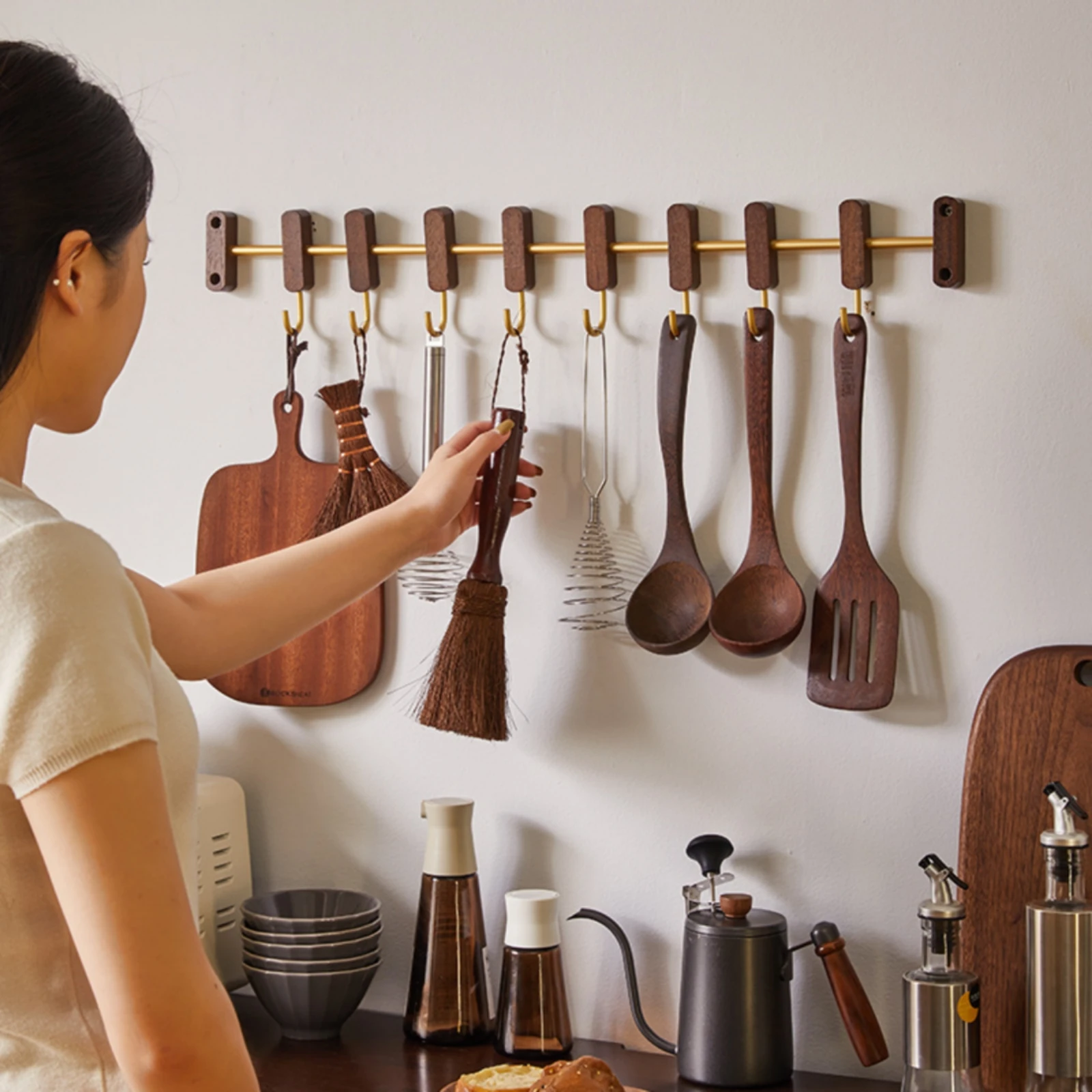 Wall Coat Rack with Sliding Hooks Space-Saving Wooden Hook Rack with Metal Rod Adjustable Wall Hanger Stylish Organizer view 5