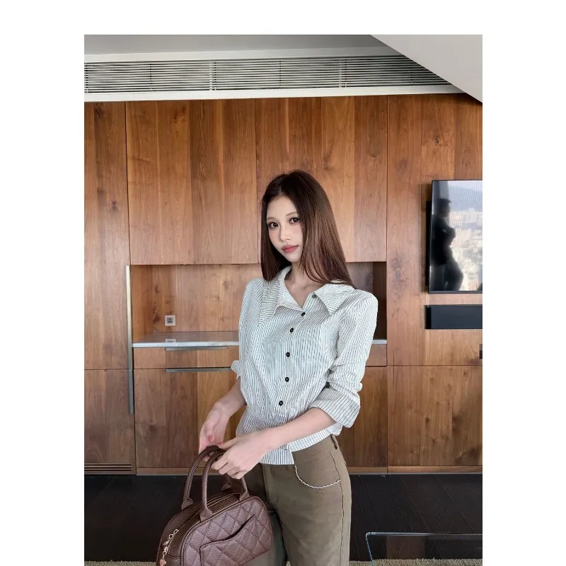 French Striped Lapel Irregular Waist Shirt Women's Spring New Chinese Style Inner with Bottom Long-sleeved Short Top