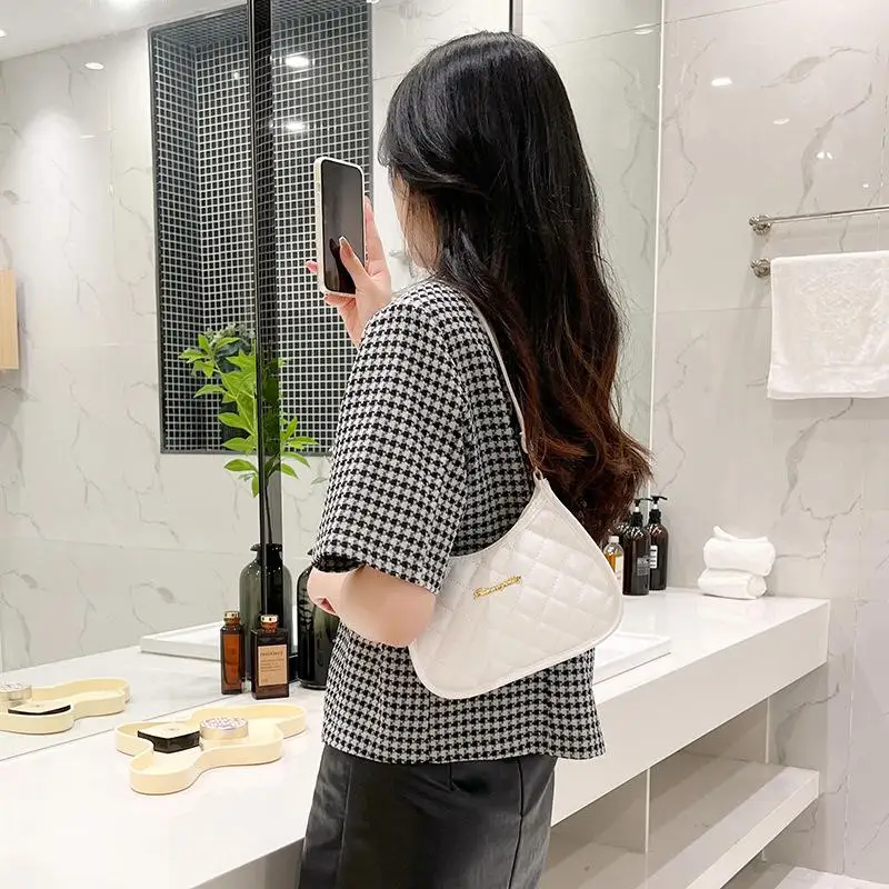 New！Quilted PU Leather Hobo Bag Argyle Casual Underarm Bag Women Handbags For Daily Commute Shopping
