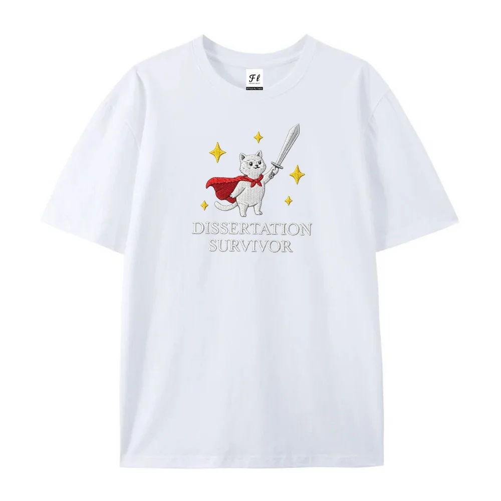 Men Women  T Shirt Dissertation Survivor Cat Hero Sword Print Short Sleeve Round Neck Casual Loose Graphic Tees Tops Apparel