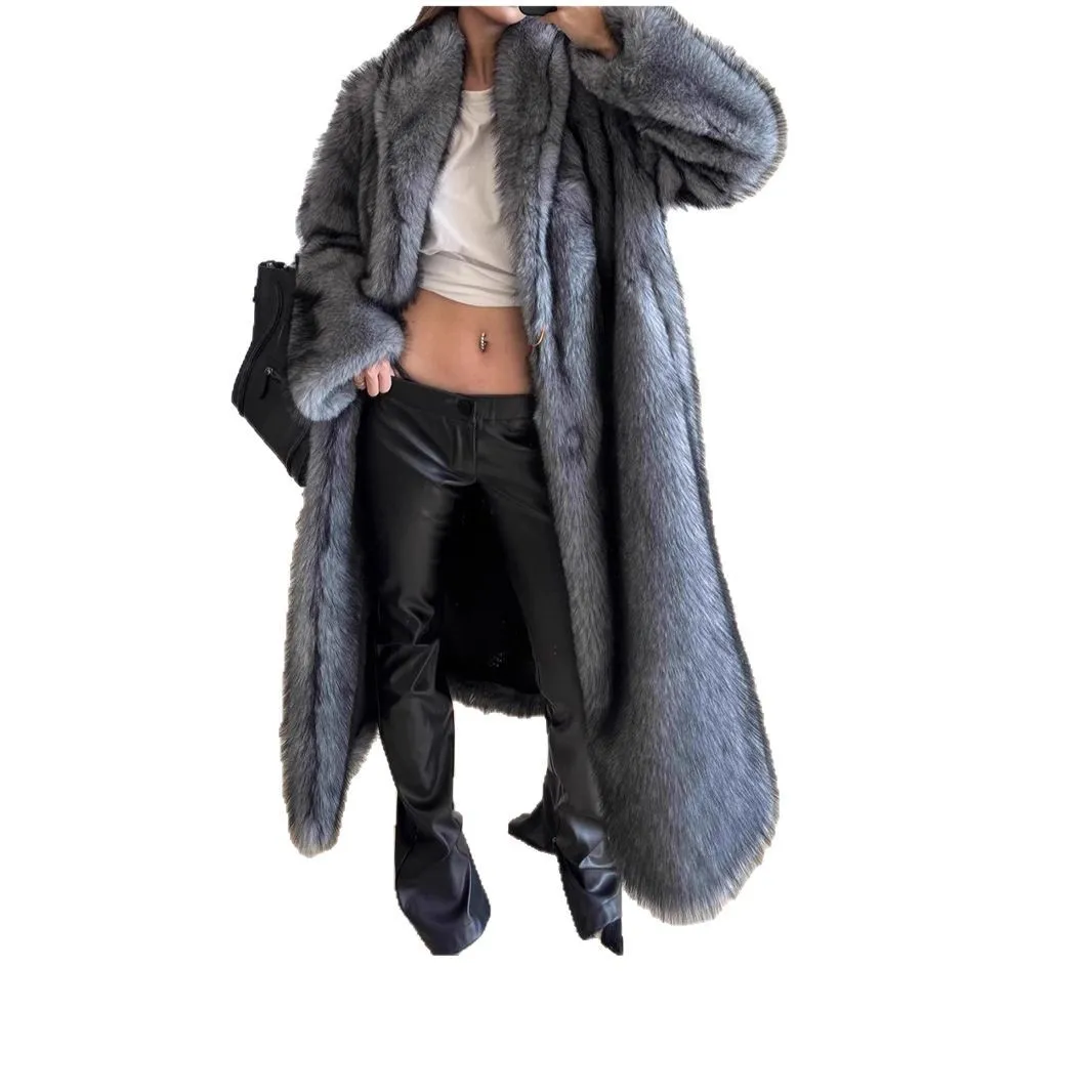 Vrouwen namaakbontjassen Y2k jassen kraagvorm lange open steek losse pasvorm dikke warme bont uitloper maxi herfst 2025, winter
