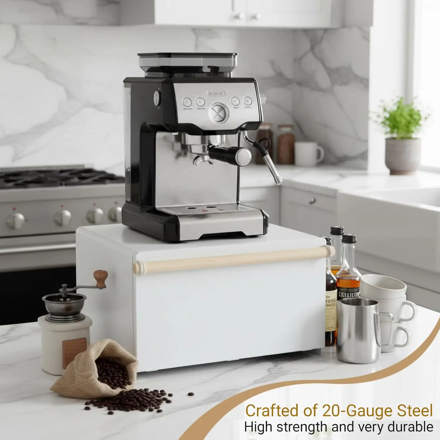 Slim Metal Bread Box with Wood Handle, Space-Saving Kitchen Storage Container for Countertops