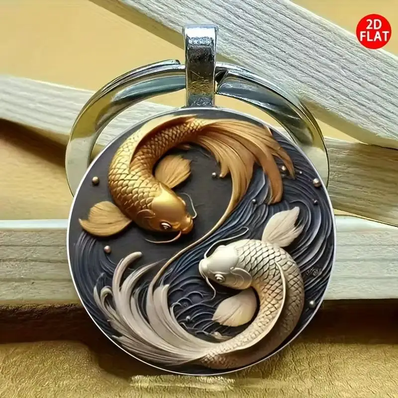Trendiger 2D Yin-Yang-Koi Runder Glas-Schlüsselanhänger, Glücksbringer, Modische Taschen- und Autoschlüssel-Dekoration, Urlaubsgeschenk