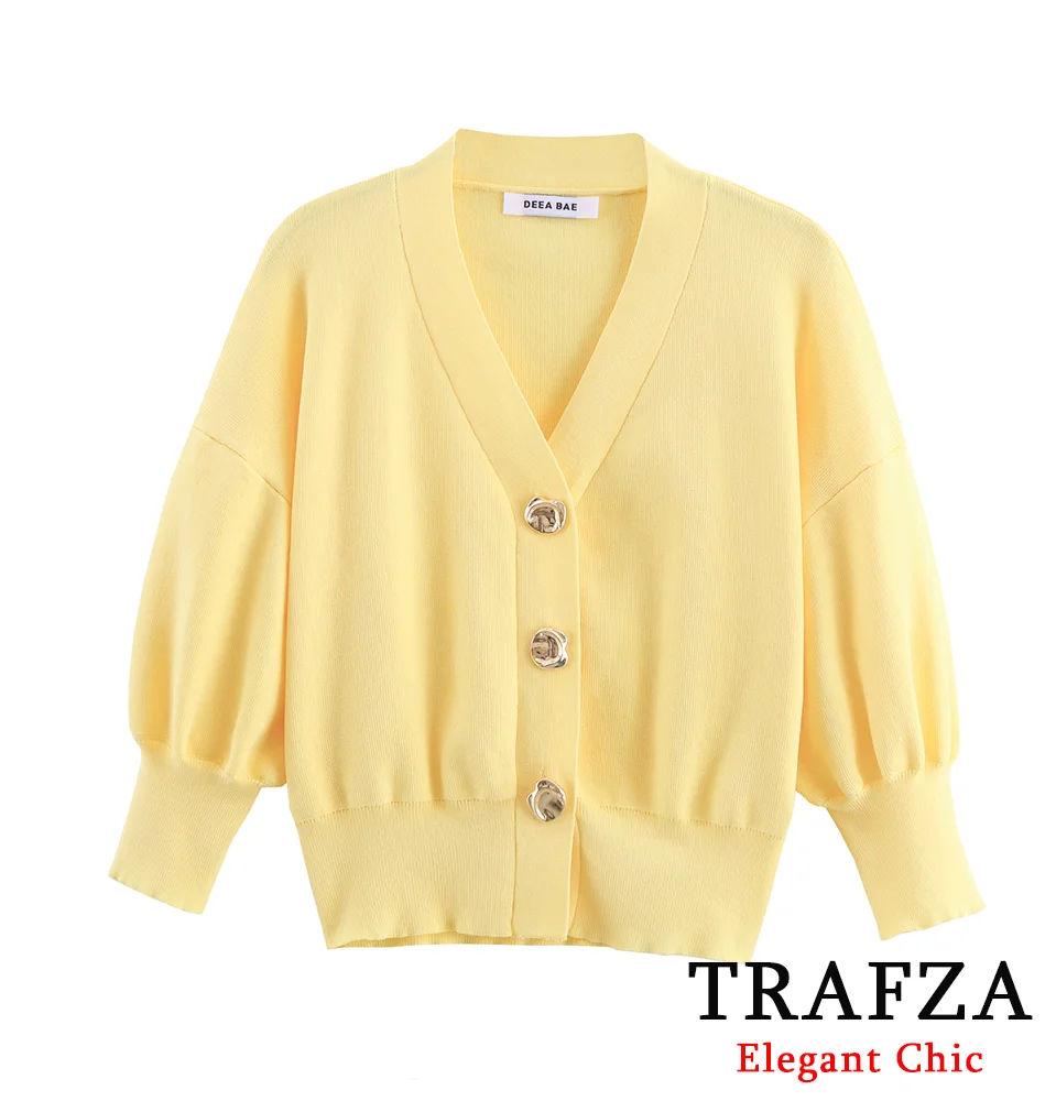 

TRAFZA Elegant Chic Women Sweater Solid V-Neck Buttons Knitted Cardigan New 2025 Fashion Spring Fall Mujer Casual Sweater Coat