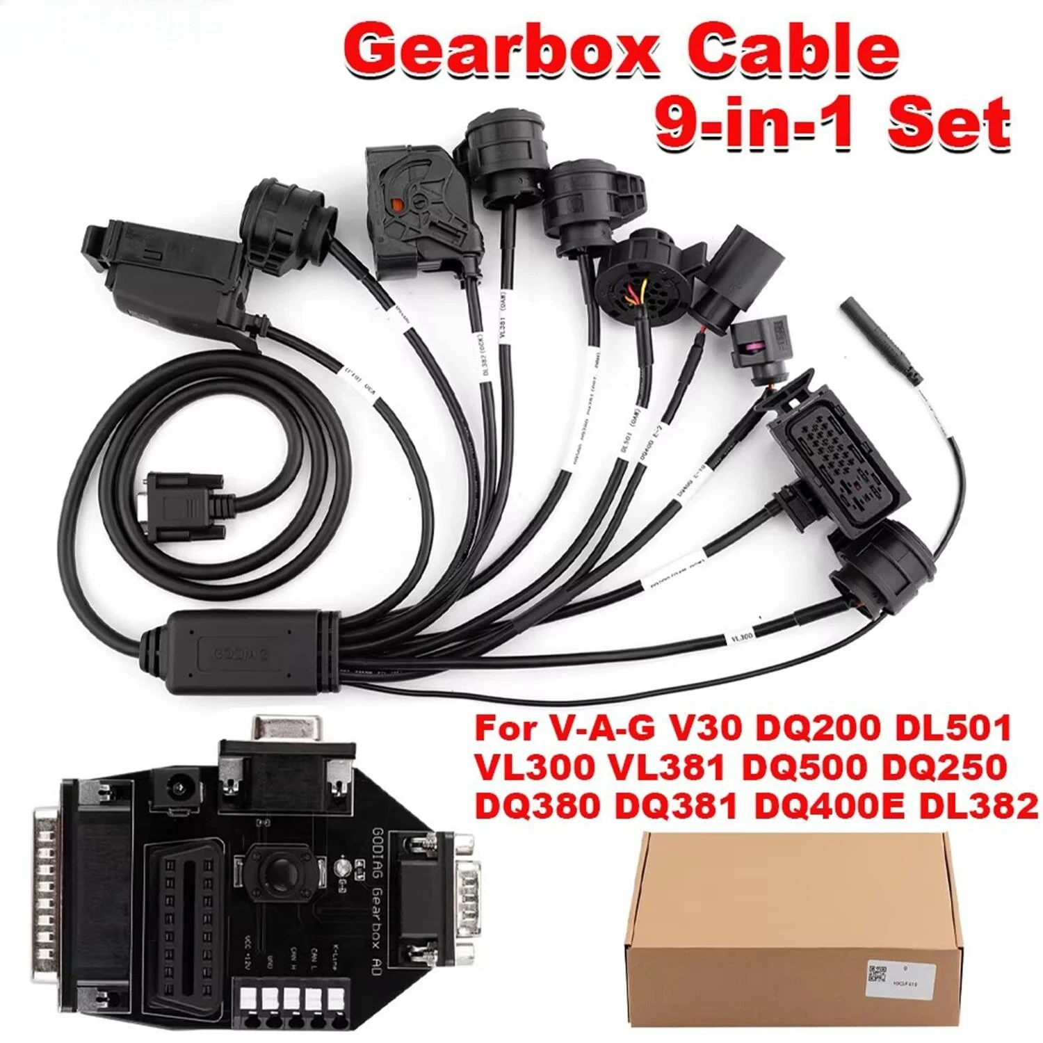 

Кабель для коробки передач GODIAG 9-в-1 для VAG V30 DQ200 DL501 VL300 VL381 DQ500 DQ250 DQ380 DQ381 DQ400E DL382 для AUTEL Gbox Xhorse