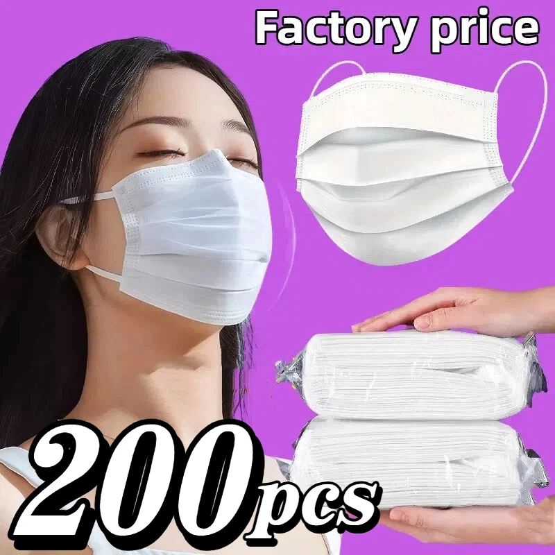 Máscaras descartáveis brancas grossas de 200 unidades - 3 camadas respiráveis e confortáveis, laços de orelha ajustáveis e protetores de nariz seguros - 200/100/50/10 peças, baratas para uso doméstico, podem ser adquir