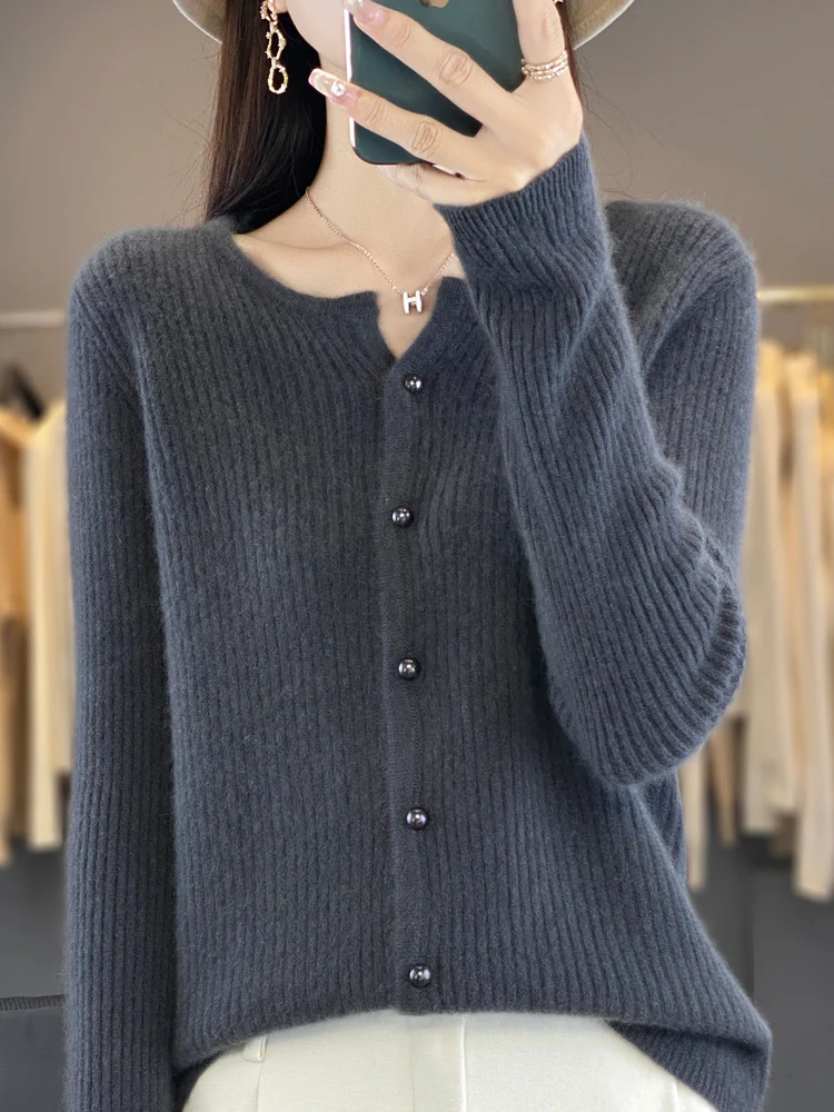Casual solto 100% lã merino camisola de malha cardigan feminino simples com decote em v outono inverno quente macio sólido graça roupas topos
