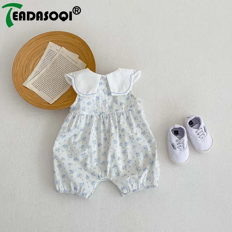 One-pieces Romper 유아복 Infant Baby Girls Sleeveless Embroidery Flower Bow Patch Floral Print Outwear Kids Newborn Cotton Thin