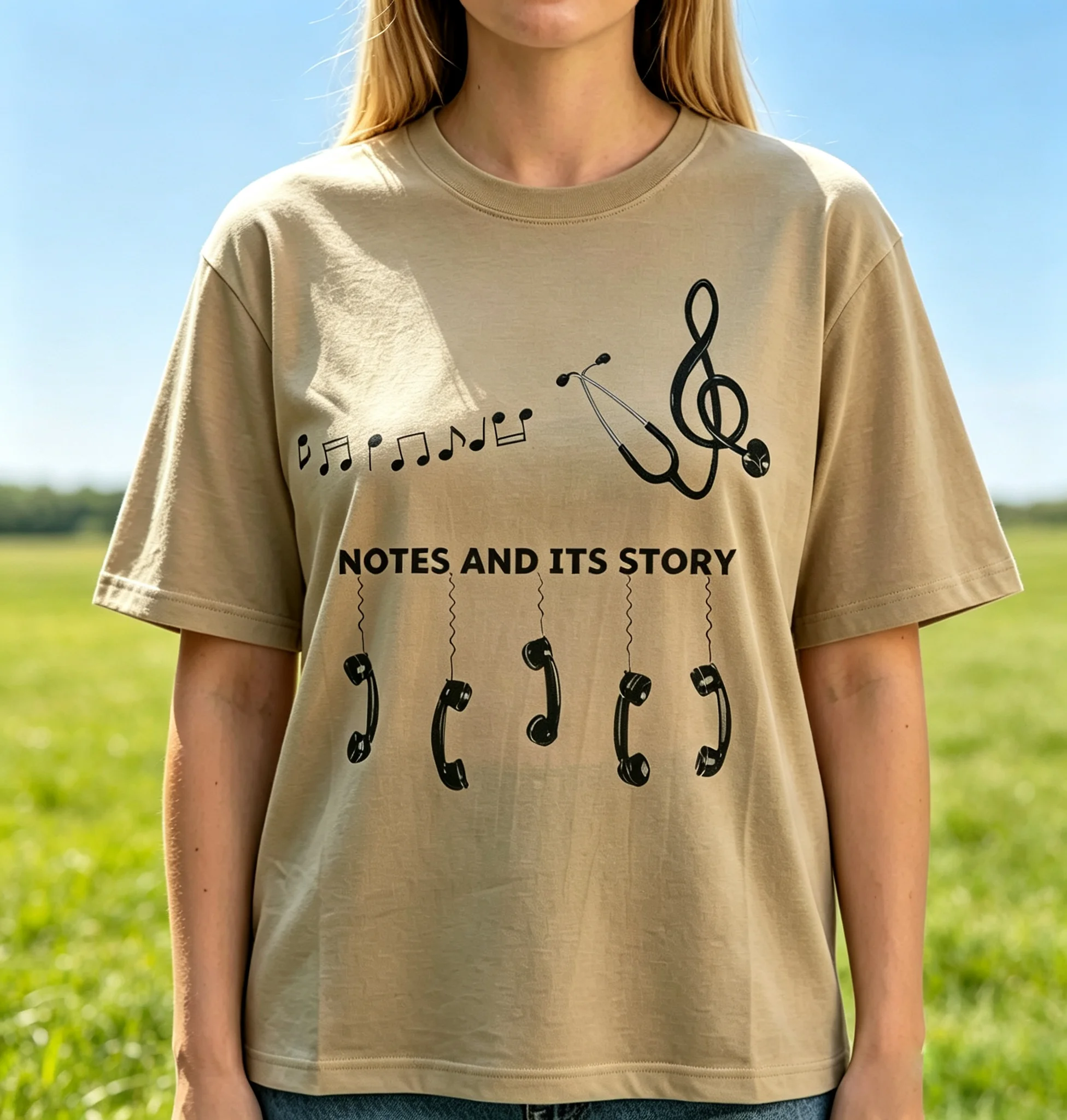 Retro Music Note Telephone Stethoscope Graphic T‑Shirt, Creative Art Pattern Unisex Casual Short Sleeve Street Fashion Tee