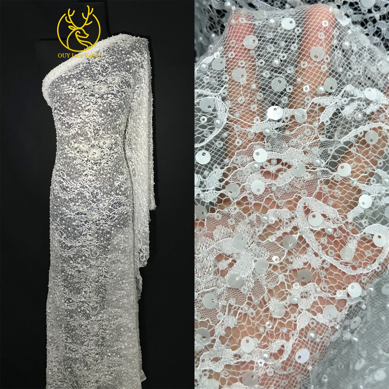 Tela de encaje africana francesa con lentejuelas y cuentas, 5 yardas, encaje nigeriano bordado para vestidos de fiesta y bodas para damas.