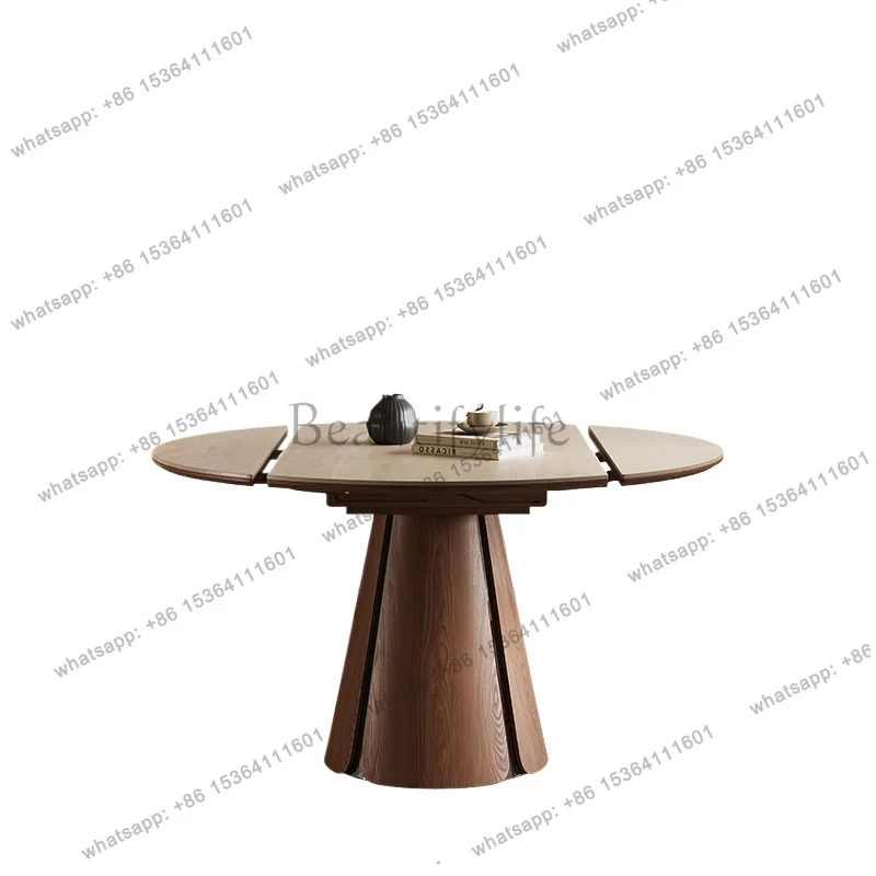 Travertine rock slab solid wood retractable dining table square and round dual-purpose Nordic medieval foldable