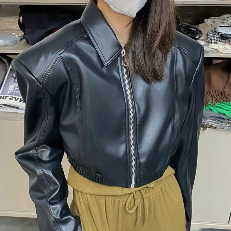 Faux Leather Jacket Women Motorcycle Cropped Jacket Short Tops Zipper Long Sleeve Y2k Clothing Pu Leather Coat Streetwear Black