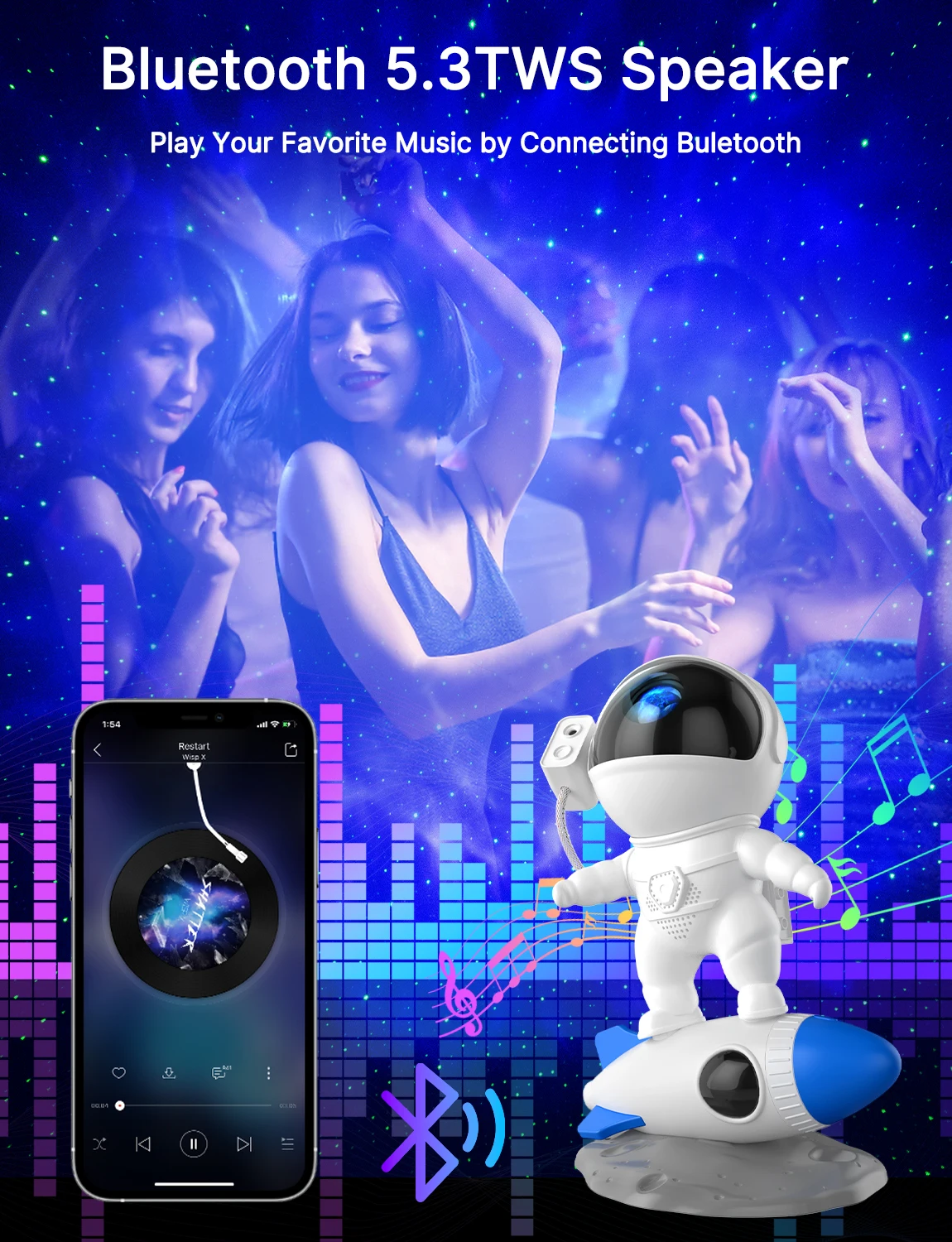 360° Adjustable Rocket Astronaut Star Projector, APP+Remote, White Noice, Rocket Night Light with 8 Color for Kids