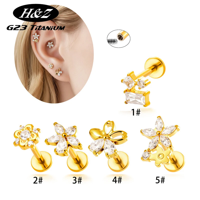 1PC G23 Titanium Internal Thread Flower CZ Cartilage Earring Helix Tragus Stud FlatBack Medusa Earlobe Labret Piercing Jewelry
