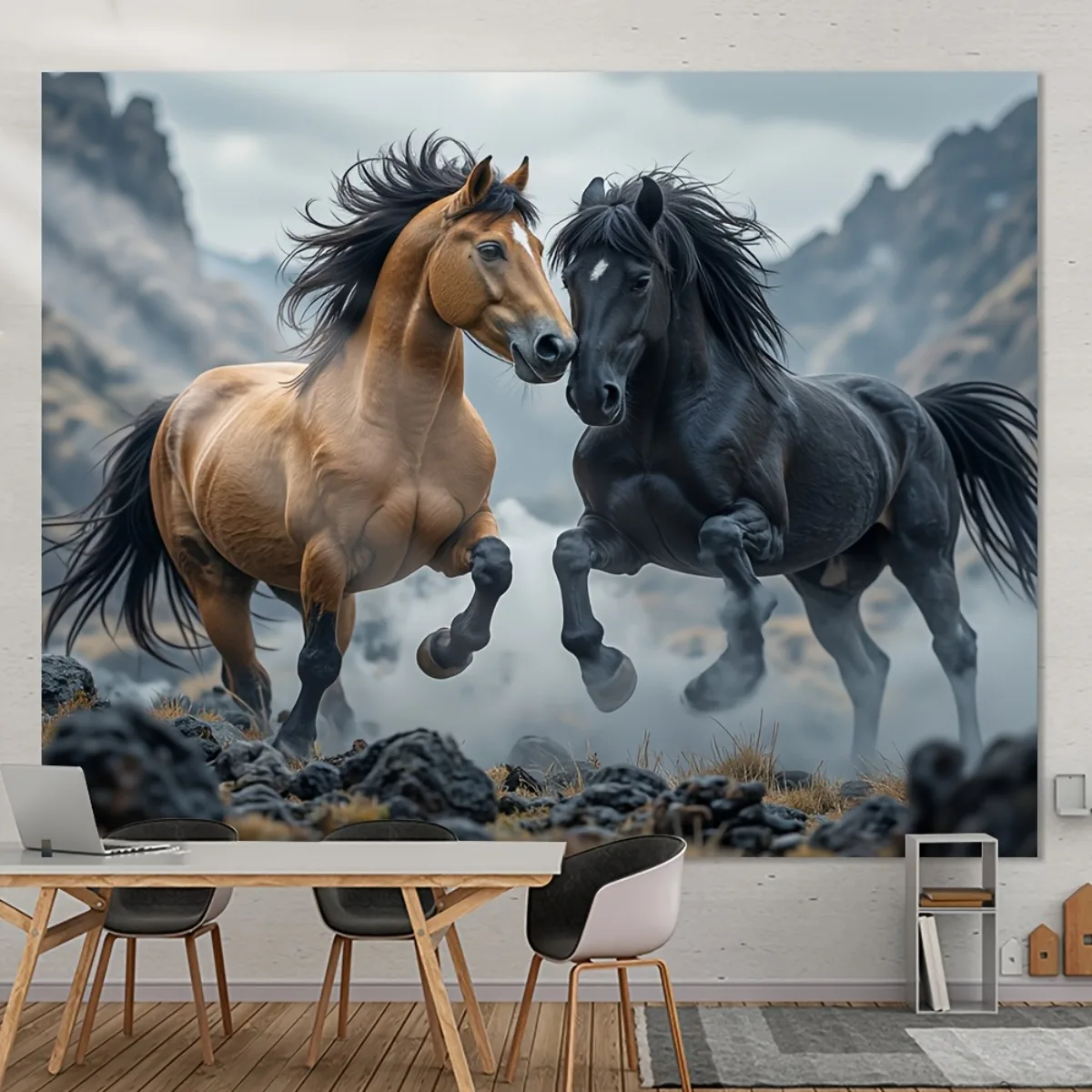 Majestic Horse Pair Running Tapestry Wall Art Home Decor Equestrian Steeds Mountain Landscape Picture Canvas Print Large Tapestr